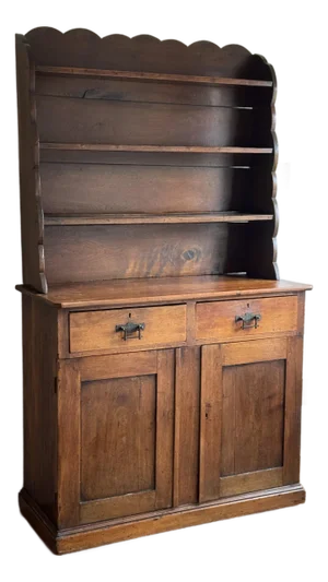 Early 20th Century Rustic Farmhouse Pine Hutch Cabinet With Scalloped Shelf Top