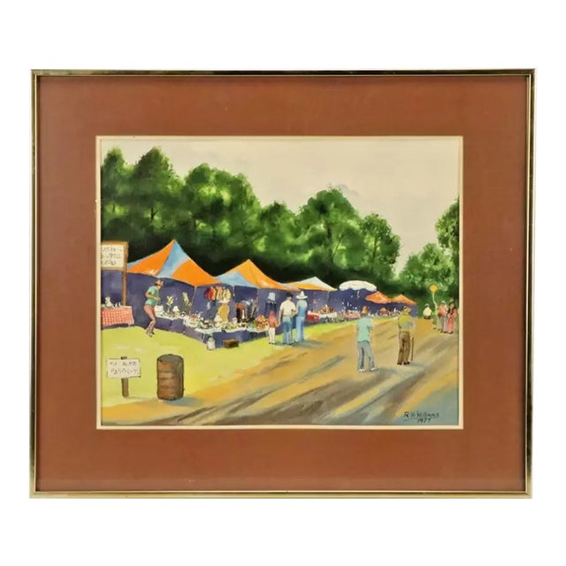 Vintage Watercolor Painting "Canton Flea Market" 1977, Framed For Sale