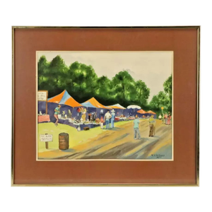 Vintage Watercolor Painting "Canton Flea Market" 1977, Framed