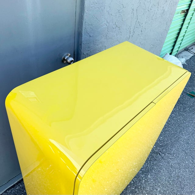 Wood Postmodern Yellow Gloss Laminate Waterfall Cabinet With Gold Accents For Sale - Image 7 of 9