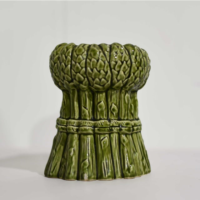 Traditional Vintage Ceramic Majolica Style Vase With Ribbon Tied Around a Stalk of Asparagus For Sale - Image 3 of 8