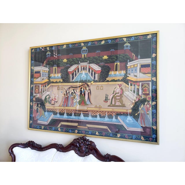 Indian 1940s Mid-Century (WWII Era) Custom Hand-Painted Silk Depicting Royal Rajasthan Palace Celebration For Sale - Image 3 of 9