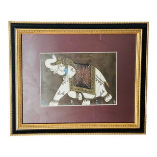 Vintage British Colonial Original Painting on Silk of Elephant For Sale