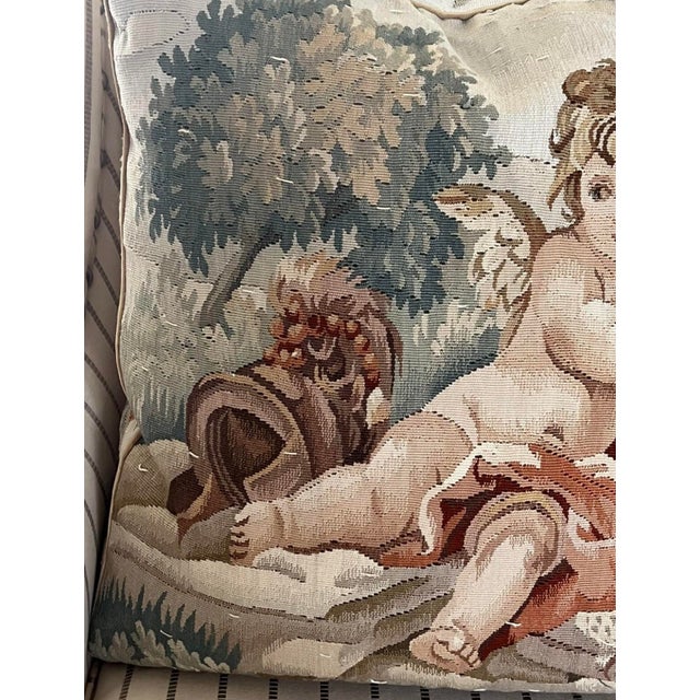 Antique French Aubusson Tapestry Pillow Cushion Large 21" Cherub Lyre Book For Sale - Image 10 of 12