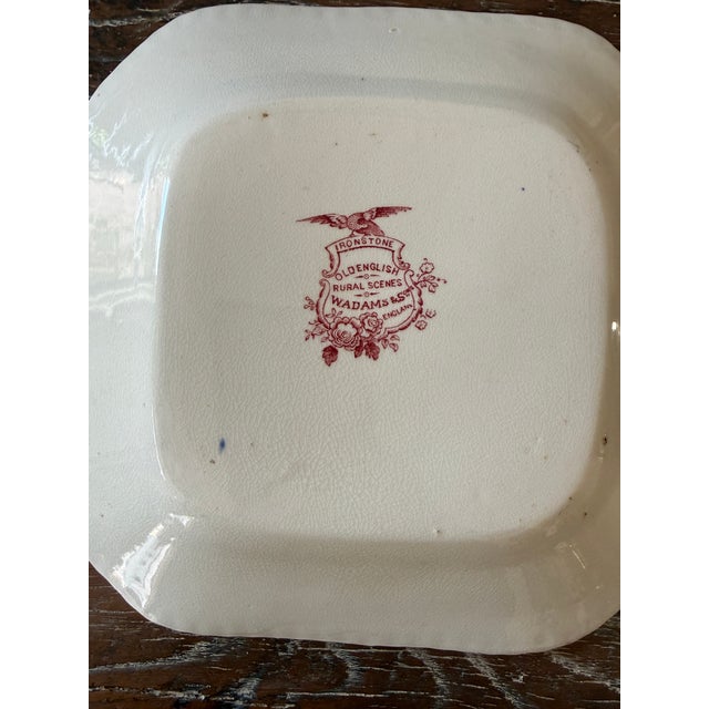 Antique W. Adams & Sons Red Transferware Cake Plate | Old English Rural Scenes | Square Handled Serving Plate England For Sale - Image 12 of 12