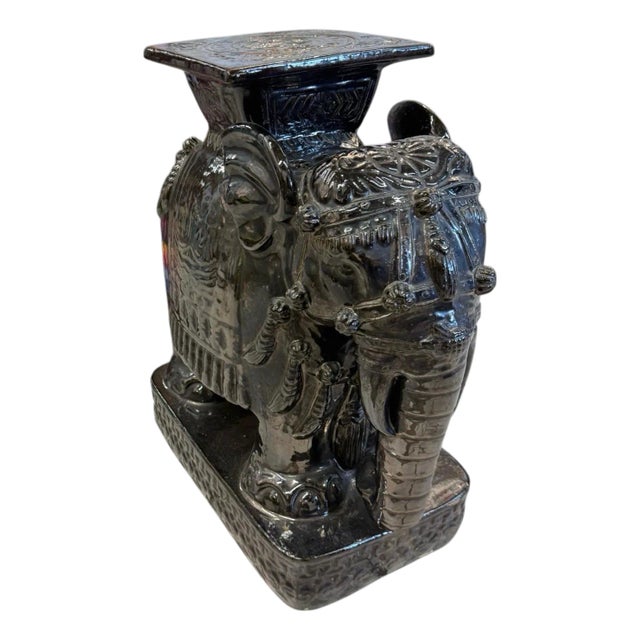Vintage Black Glazed Ceramic Elephant Garden Stool For Sale