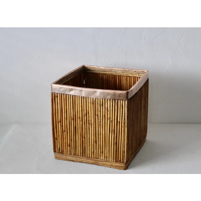 Gabriella Crespi Style Vintage Pencil Reed Bamboo Cube Basket Brass Rim Detail. In good vintage condition
