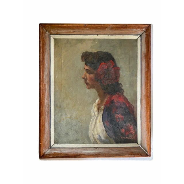 Antique Oil on Canvas Portrait Painting of Beautiful Woman With Hibiscus Flower in Her Hair, Signed Vera Martin Circa 1920’s For Sale - Image 12 of 12