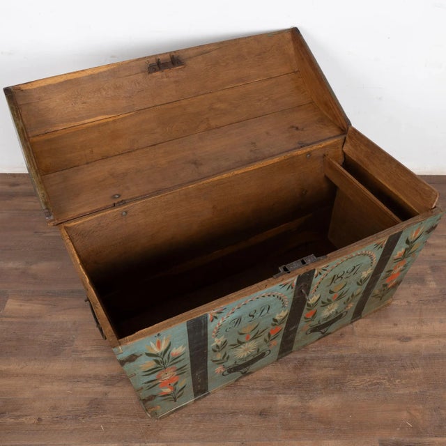 Early 19th Century Original Blue Painted Swedish Dome Top Oak Trunk Dated 1827 For Sale - Image 4 of 14