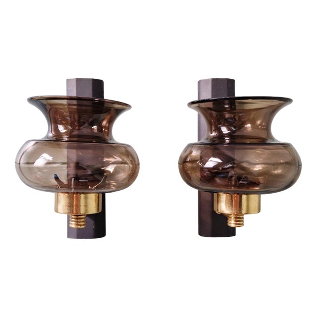 Brass and Smoked Glass Wall Sconces, 1960s, Set of 2 For Sale