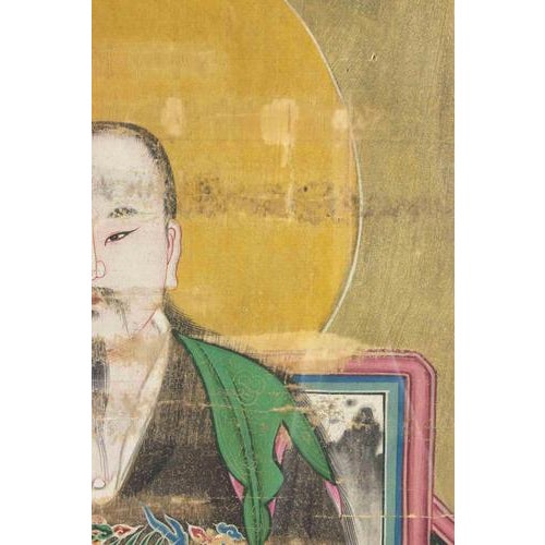 Pigments and ink on cloth, mounted on a wooden stretcher frame. China, 19th Century. A striking and finely detailed...