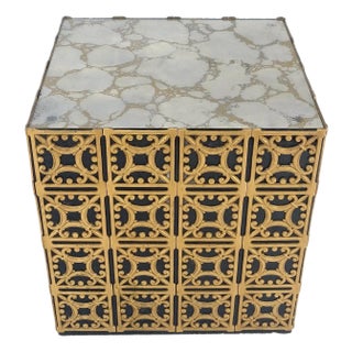 Decorative Brass Pattern Shaped Cube Base Side Table w/ Smoke Mirrored Top MINT For Sale