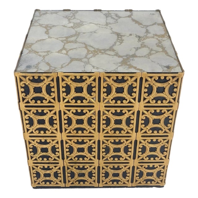 Decorative Brass Pattern Shaped Cube Base Side Table w/ Smoke Mirrored Top MINT For Sale