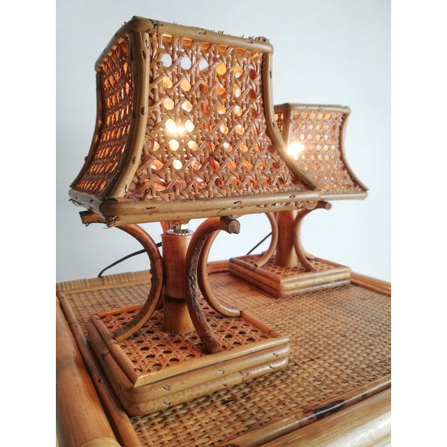 Mid-Century Bedside Table Lamps in Rattan and Wicker Cane Webbing, Italy, 1960s, Set of 2 For Sale - Image 9 of 18