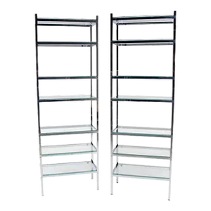Italian Mid Century Modern Tall & Narrow Chrome & Glass Etageres - A Pair