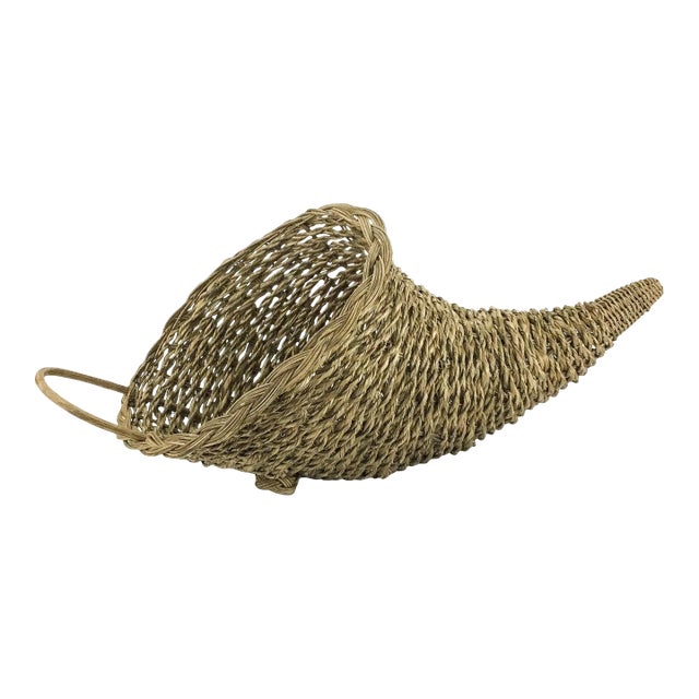 Vintage Horn of Plenty Cornucopia Wicker Straw Basket For Sale