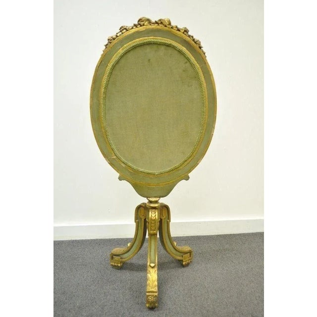 Wood Antique French Louis XVI XV Style Carved Giltwood Green Oval Fireplace Screen For Sale - Image 7 of 10