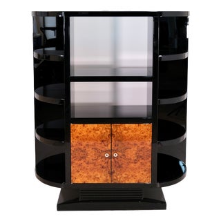 Shelving Unit in High-Gloss Black Lacquer and Door Fronts in Walnut Burl Wood, 1950s For Sale