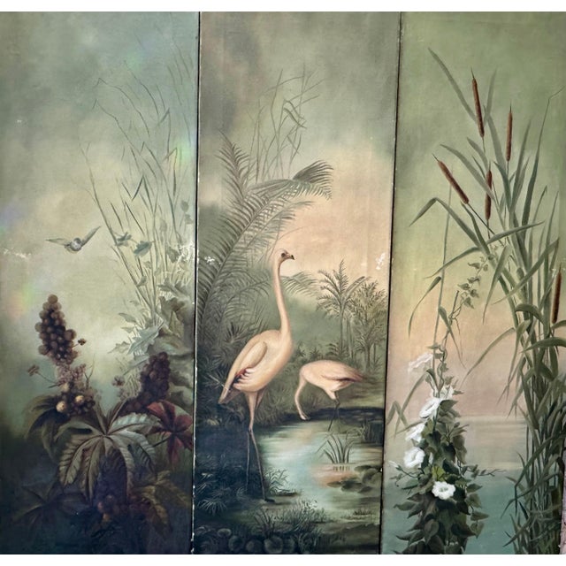 Antique Triptych of Flamingos In Tropical Landscape For Sale - Image 11 of 11
