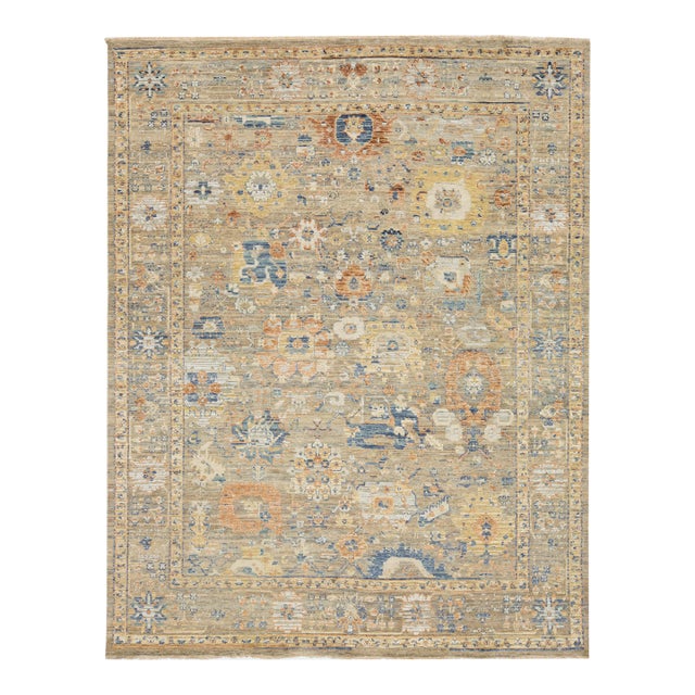 Beige Apadana's Artisan Collection Handmade Floral Indian Wool & Silk Rug For Sale