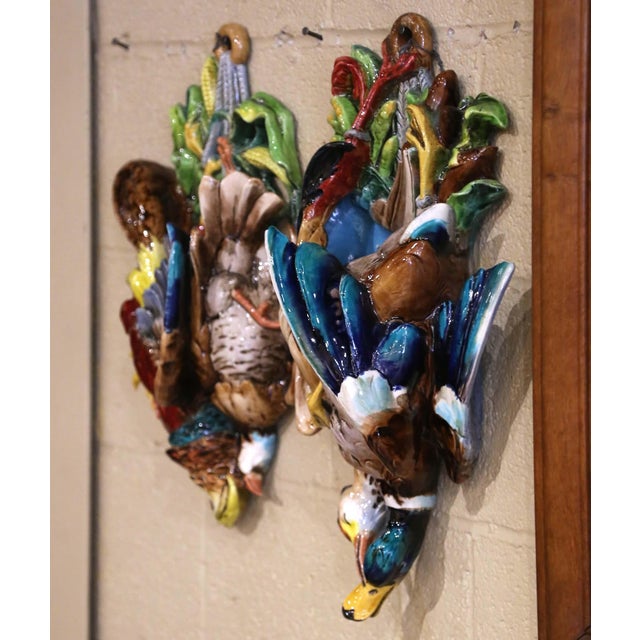 Pair Early 20th Century French Barbotine Majolica Game Bird Wall Pockets For Sale - Image 11 of 14