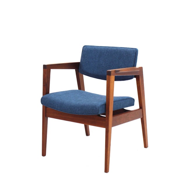 Blue Solid Walnut Newly Upholstered Set of Four Gunlocke Chairs Risom Style For Sale - Image 8 of 10