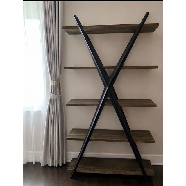 Beautiful Restoration Hardware Wyatt Open Bookcase featuring a heavy-duty black steel X-brace frame and thick reclaimed...