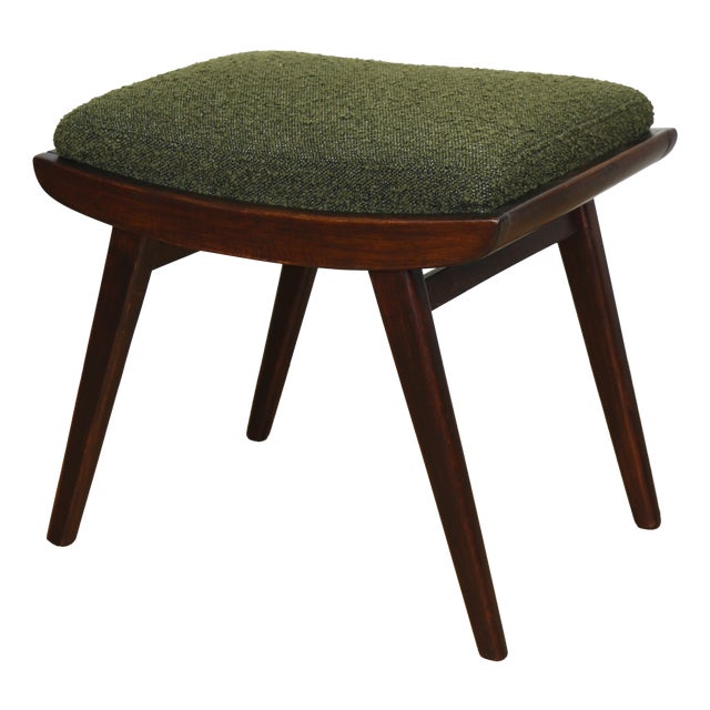 Art Deco Green Olive Bouclé Stool, 1970s For Sale
