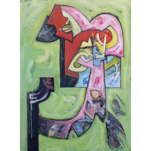 An abstract oil on canvas painting by American artist James L. Bruch (1942-2023). Abstract shapes in red, pink, blue,...