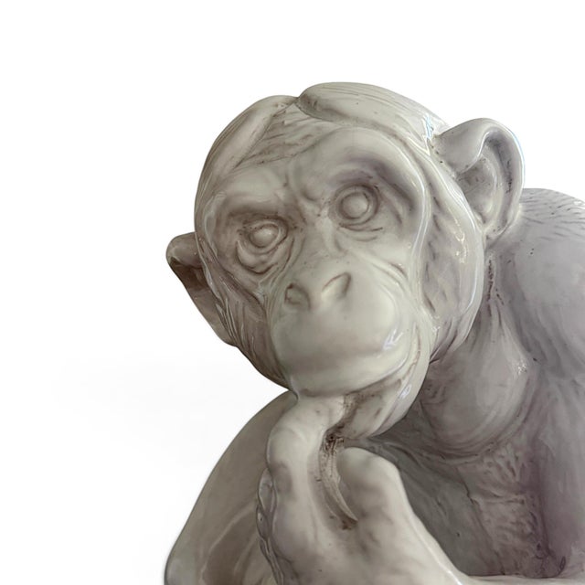 Mid-Century Modern Vintage Italian Glazed Terracotta Monkey Sculpture in Contemplative Pose For Sale - Image 3 of 12