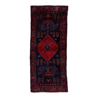 Vintage Shiraz Hand-Knotted Wool Runner Rug - Deep Crimson & Indigo Tribal Medallion For Sale