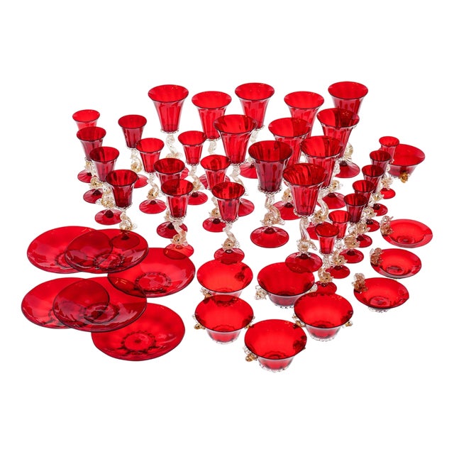 Gold and Ruby ​​Red Murano Glassware Dolphin Set from A.VE.M., 1950s, Set of 44 For Sale