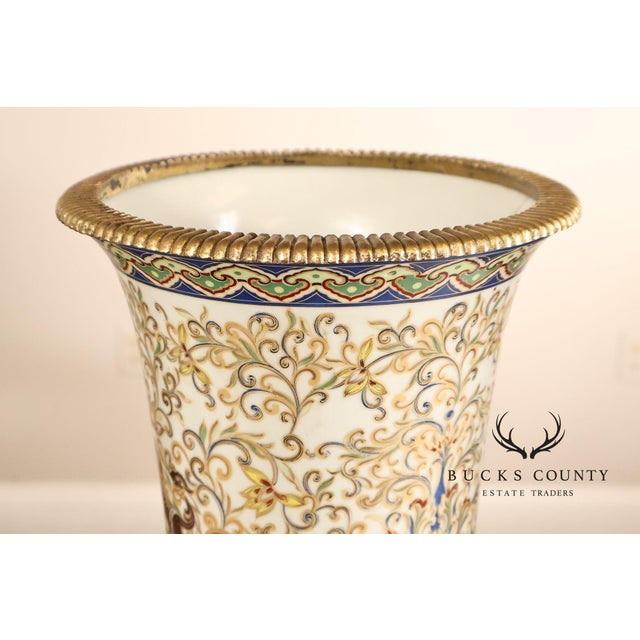 Hand Painted Porcelain Decorative Vase with Gilded Metal Base and Cap For Sale - Image 11 of 17