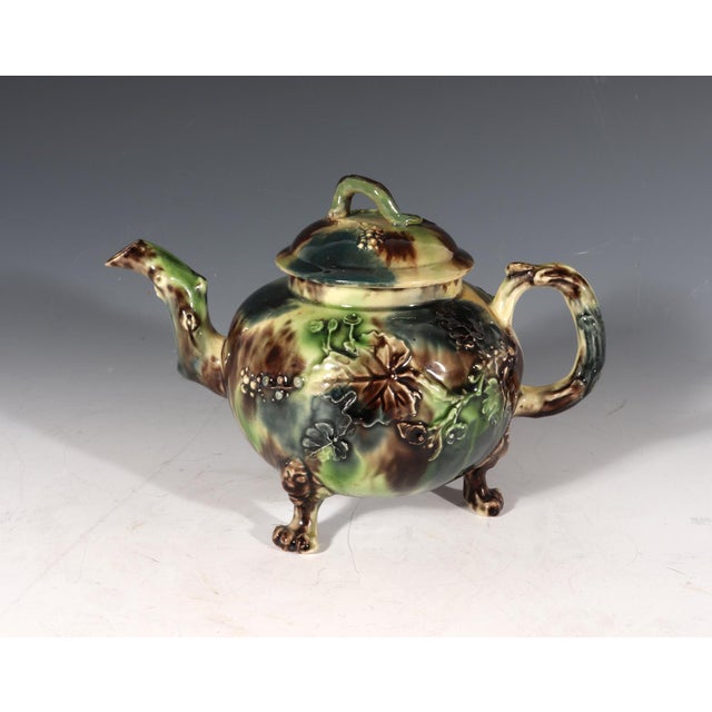 Mid 18th Century Whieldon-Type Creamware Tortoiseshell Teapot With Grape Vine Relief and Crabstock Handle, Staffordshire For Sale - Image 13 of 14