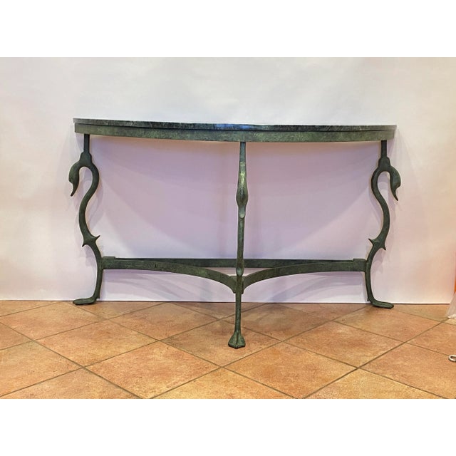 Vintage Mid Century French Wrought Iron With a Verdigris Bronze Finish Demi-Lune Console Table For Sale - Image 11 of 13
