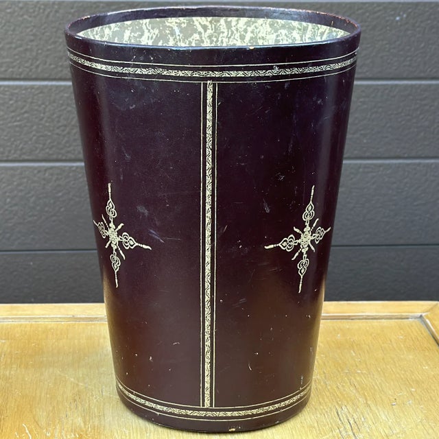 Mid-Century Tooled Oxblood Leather Wastebasket Ships quickly via FedEx/USPS! [Store Ref 12x12x18]