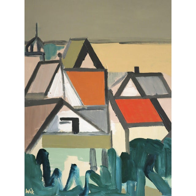 Mid-Century Modern 'Where Houses Gather' Vintage Geometric Abstract Street Scene Oil Painting by Swedish Artist Wilhelm Wik (1897-1987), Framed For Sale - Image 9 of 12