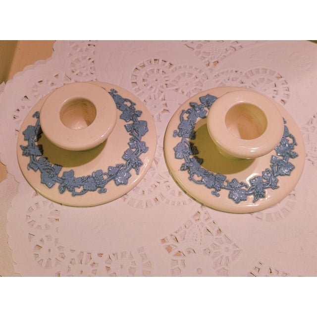 Ceramic Wedgwood Etruria Blue on Cream Queensware Candle Holders, Barlaston Embossed. Made in England. For Sale - Image 7 of 8