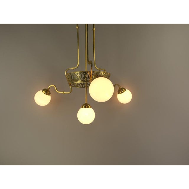 Metal Art Nouveau Brass Chandelier with Four Light Sources from Bavaria, Germany, 1910s For Sale - Image 7 of 11