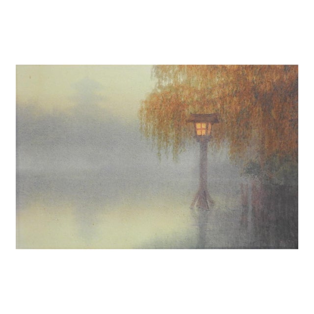 Circa 1930s Japanese Foggy Lake With Lantern Watercolor Painting For Sale
