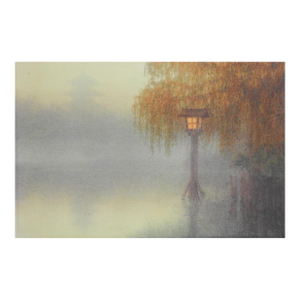 Circa 1930s Japanese Foggy Lake With Lantern Watercolor Painting