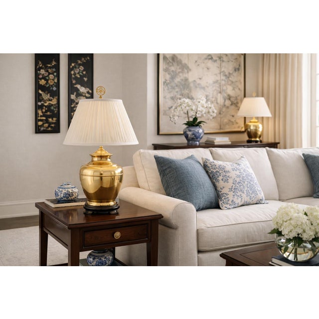 Vintage Brass Ginger Jar Table Lamps With Double Happiness Finials & Original Pleated Shades – 27” - a Pair For Sale - Image 10 of 12