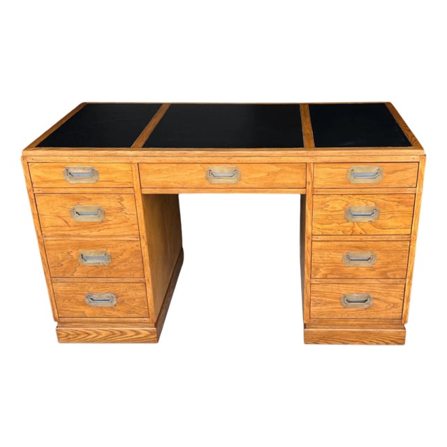Restored Mid-Century Campaign Desk in Solid Oak With Black Inlay & Brass Pulls For Sale