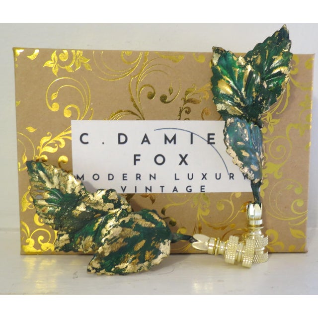 Mid-Century Modern Pair of Vintage Italian Tole Leaf Finials, Gold Leaf Emerald Green Brass Base For Sale - Image 3 of 7