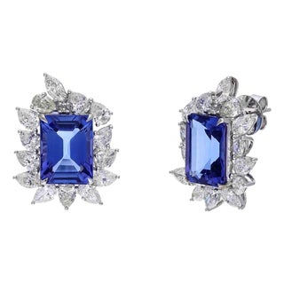 Natural tanzanite and natural diamond earrings in 18k gold, A Pair For Sale