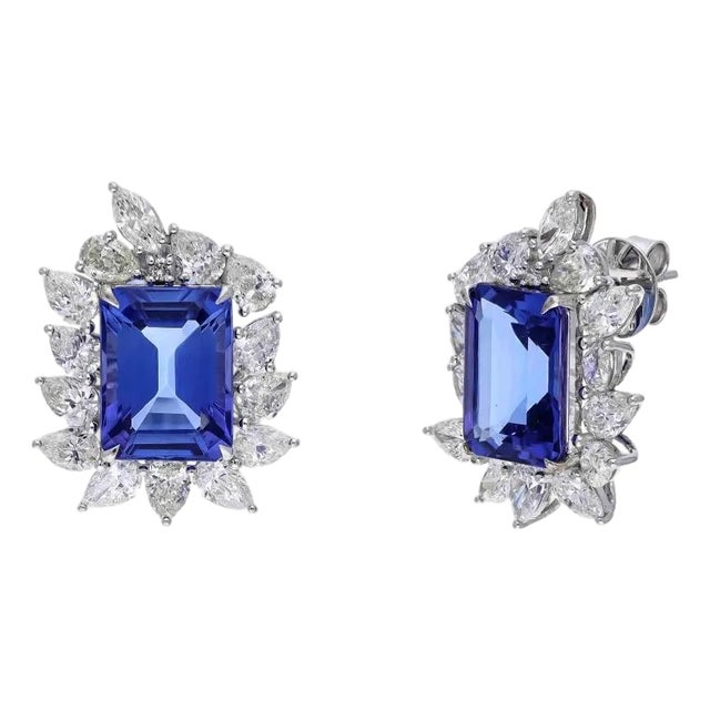 Natural tanzanite and natural diamond earrings in 18k gold, A Pair For Sale