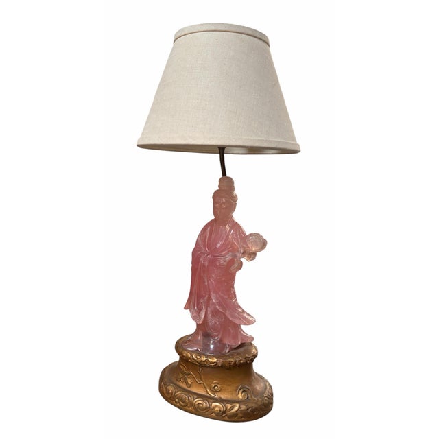 Chinese Antique Chinese Rose Quartz Goddess Sculpture Designer Table Lamp For Sale - Image 3 of 6