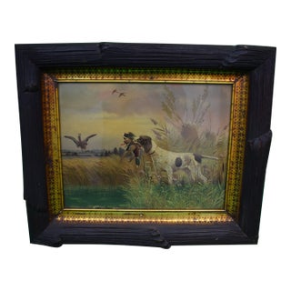 Hunting Dog W/ Waterfowl Chromolithograph in Faux Bois Frame For Sale