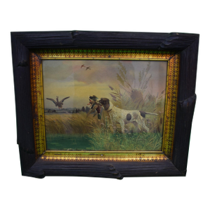 Hunting Dog W/ Waterfowl Chromolithograph in Faux Bois Frame