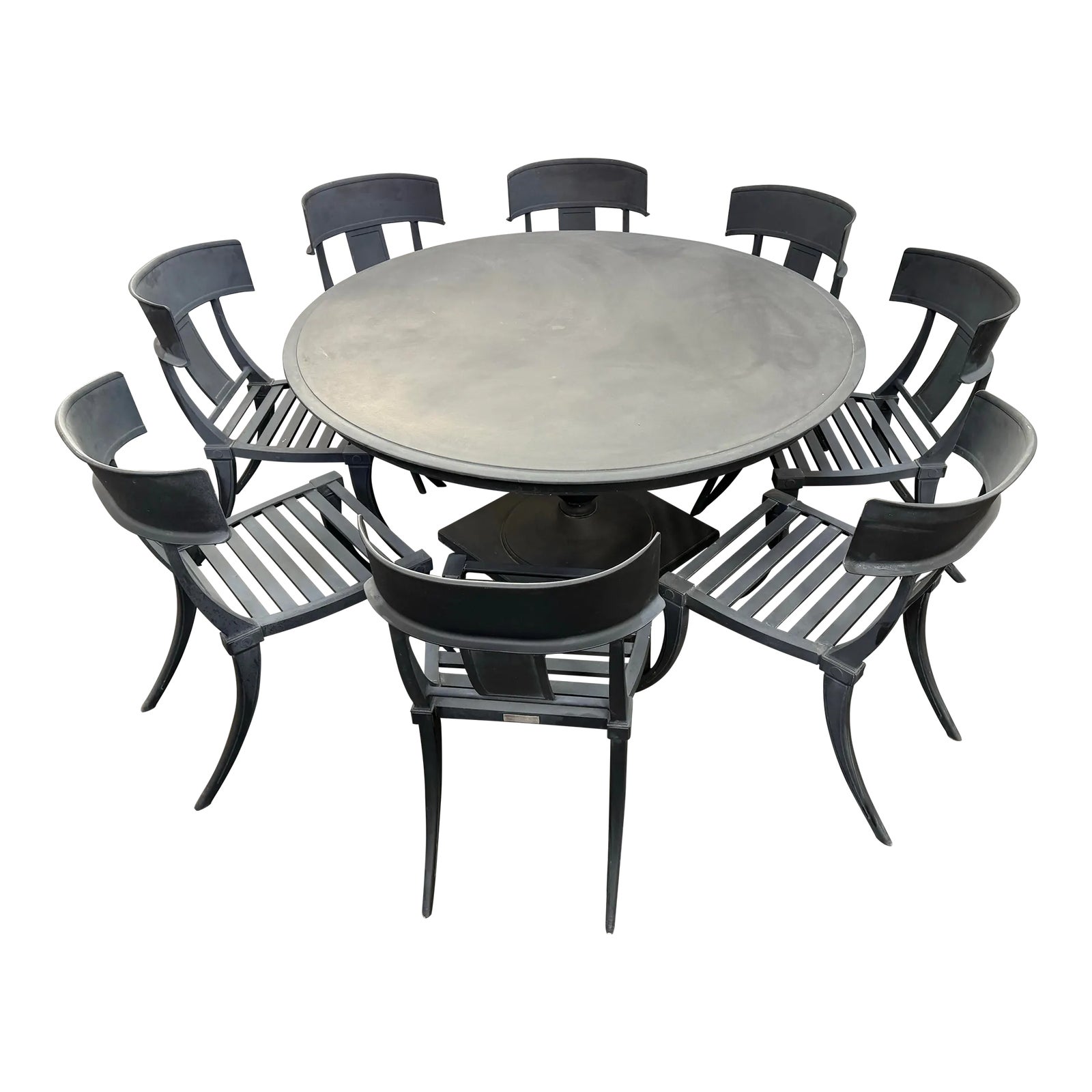 Restoration Hardware Outdoor Klismos Pedestal Table + Klismos Chairs